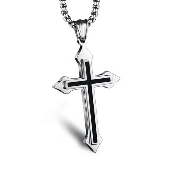 HOOUN Mens Womens Silver Black Layer Cross Pendant Necklace Stainless Steel Chain 24"