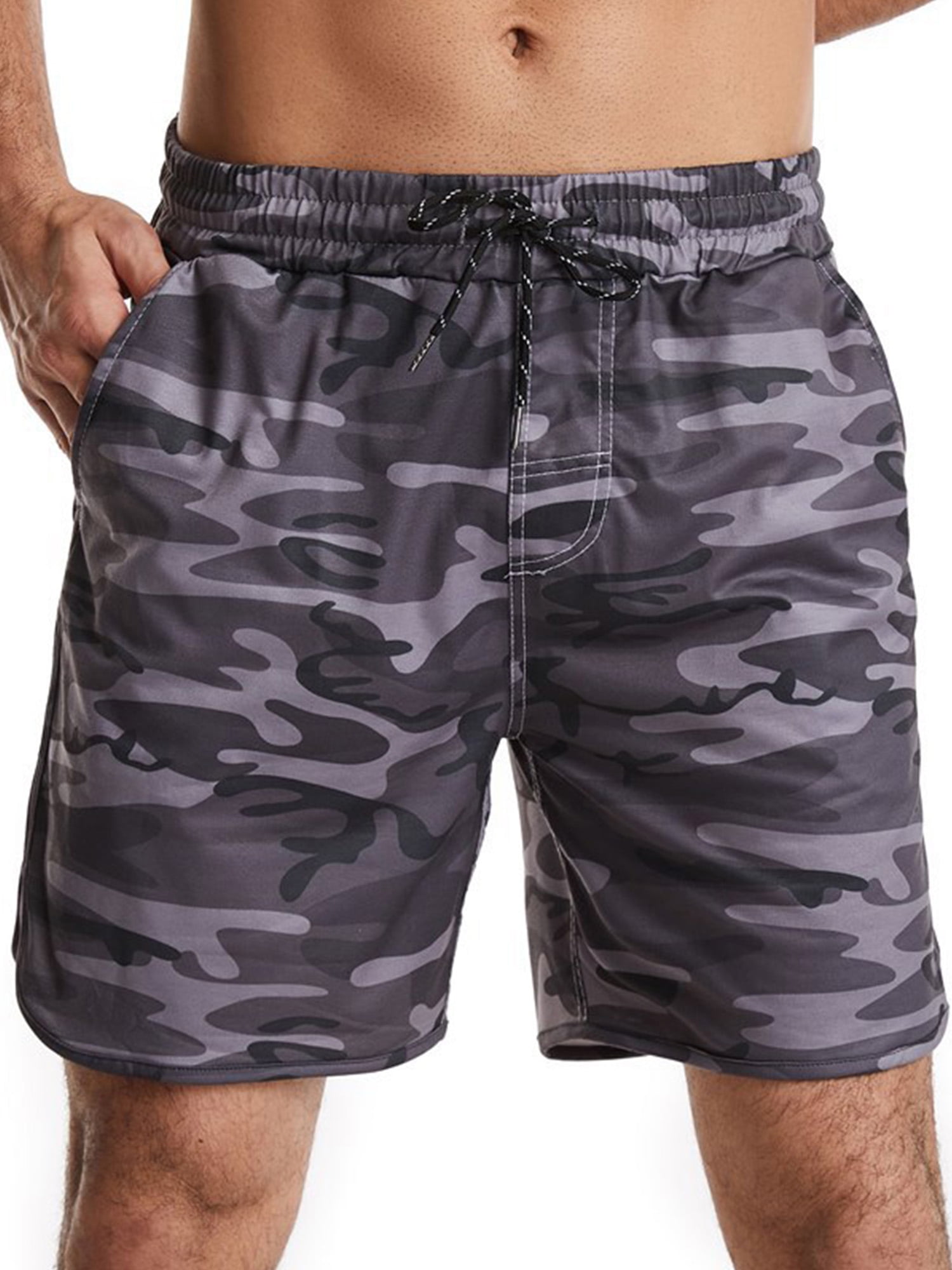 Mens Athletic Quick Classic Camouflage Army Green Graphic Swim Trunks Drawstring Lined Camo 