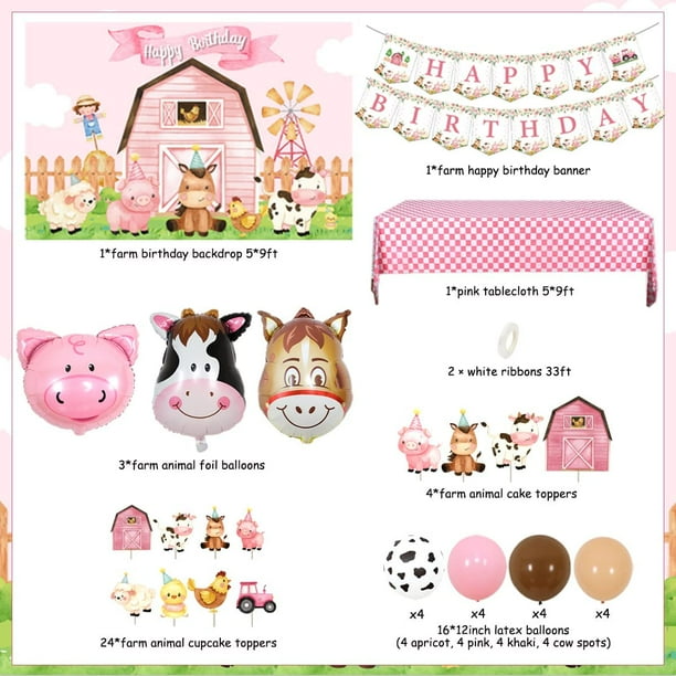 Pink Farm Birthday Party Decorations for Girls Farm Barnyard Happy Birthday  Banner Cake Toppers Party Backdrop Tablecloth Cow Pig Donkey Balloons for  1st 2nd Farm Theme Birthday Party Supplies - Walmart.com