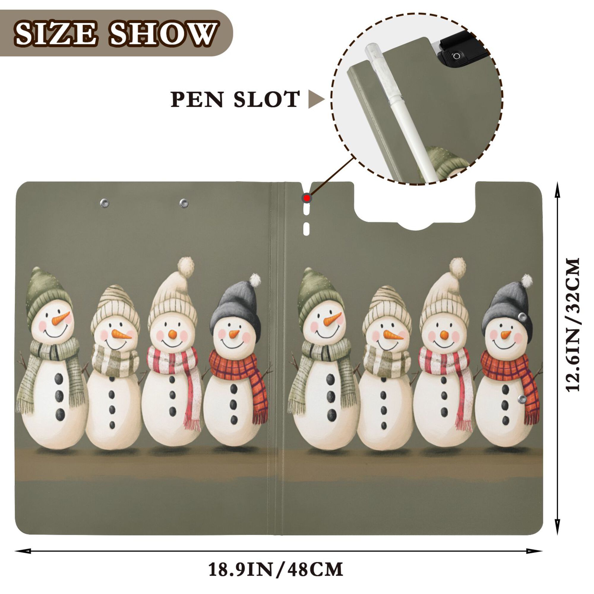 FORMRS A4 Clipboard Folder with Pen Holder Horizontal Foldable School Office Binder, Cute Snowmen