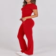 thumbnail image 5 of LYMAYTER Casual Outfits for Women‌ Cozy 2 Piece Lounge Set Short Sleeve Crop Top Fold Over Flare Pants, 5 of 9