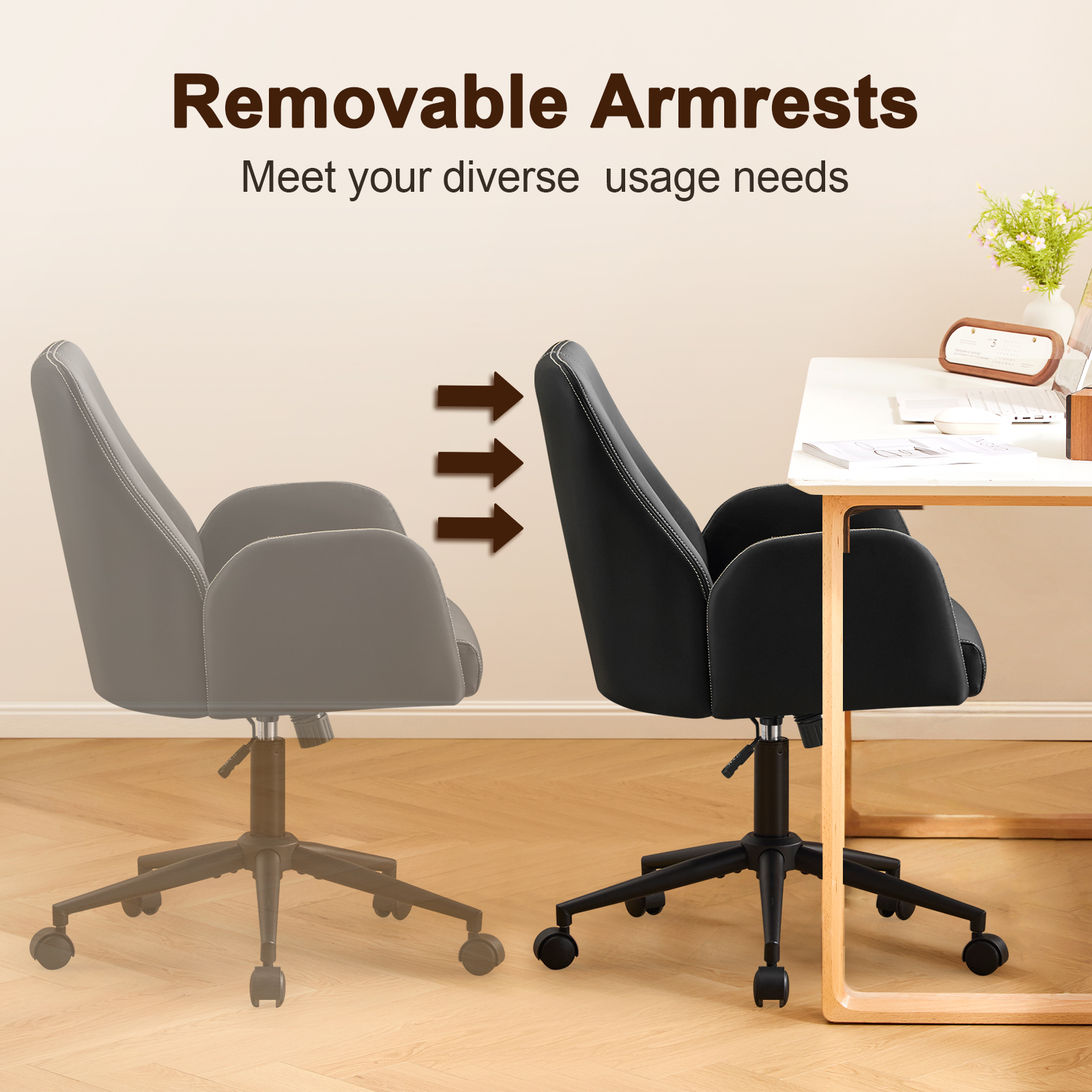 Modern Home Office Desk Chair, Faux Leather Ergonomic Desk Chair with Adjustable Height, Rolling Swivel Computer Chair, Mid-Back Armchair Task Chair for Office, Study Room, Beige