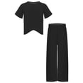 thumbnail image 6 of inlzdz Kids Girls Solid color Short Sleeve Irregular Hem T-shirt with Loose Pants Casual Sport Black 110/1, 6 of 7