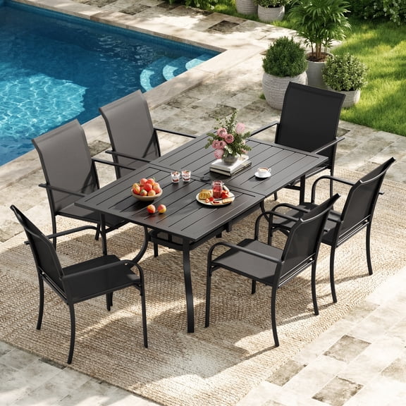 SUNCROWN 7-Piece Outdoor Patio Dining Set with Metal Steel Square Table with 1.57" Umbrella Hole, Textilene Chairs for 6-Person,(Black)