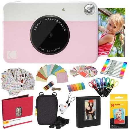 Kodak Printomatic Instant Camera (Pink) All-in-One Bundle, Zink Paper, Scissors, Photo Album & More