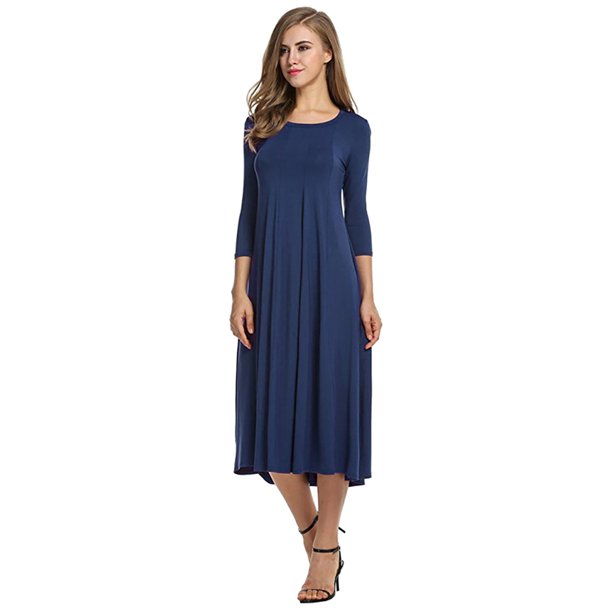 Vestido informal liso de mujer con cuello redondo, manga larga y largo hasta la pantorrilla - Corte holgado, material resistente, para uso diario/ocasionales, tallas M-XXXL