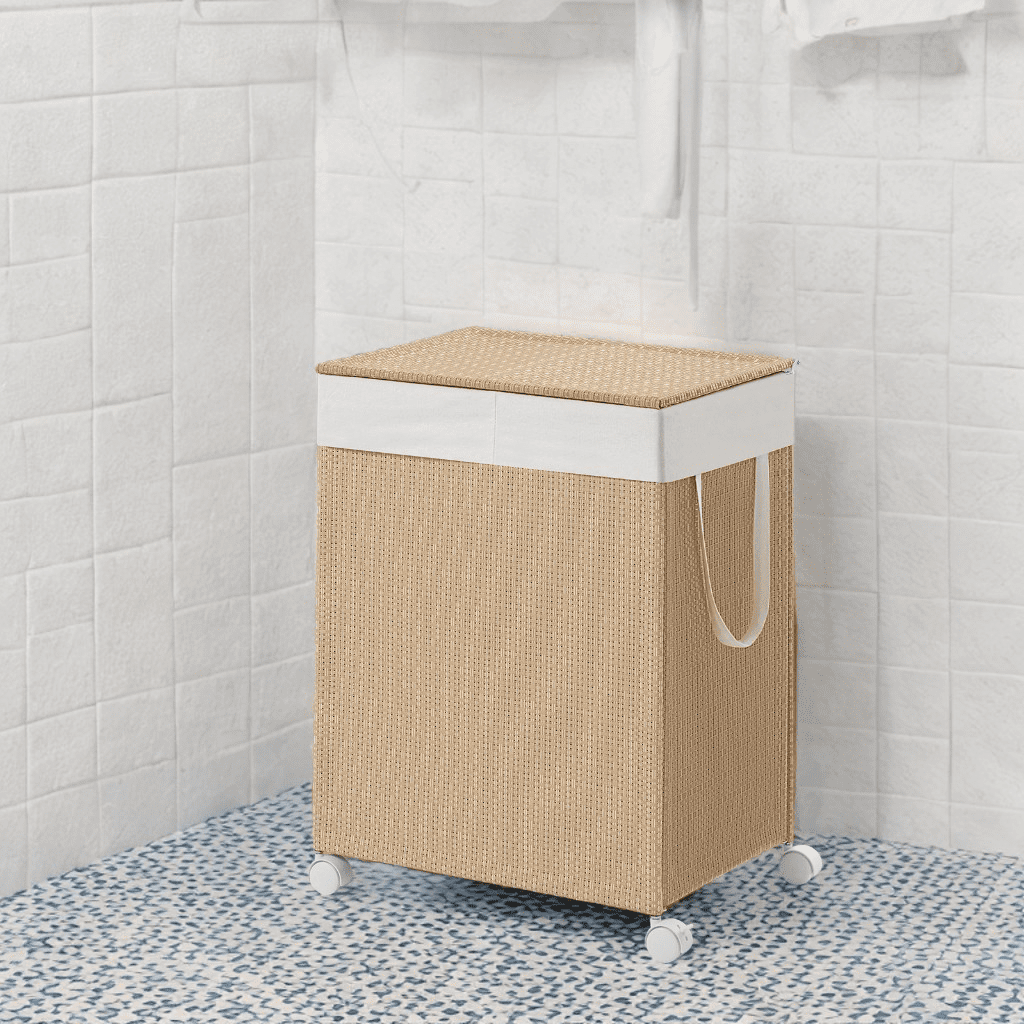 LEDREM 2-Section Rolling Laundry Hamper with Lid, 100L Capacity, Wheels & Removable Liner, Rattan Design, Natural Beige and Matte White