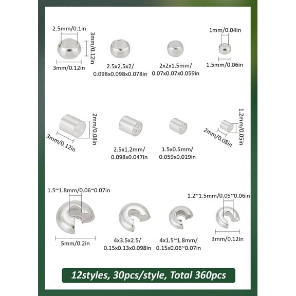 1set 360pcs 12 styles Brass & Iron Crimp Beads Silver 1.5~5x1.5~5x1.2~5mm Hole: 0.5~2mm 20pcs/style