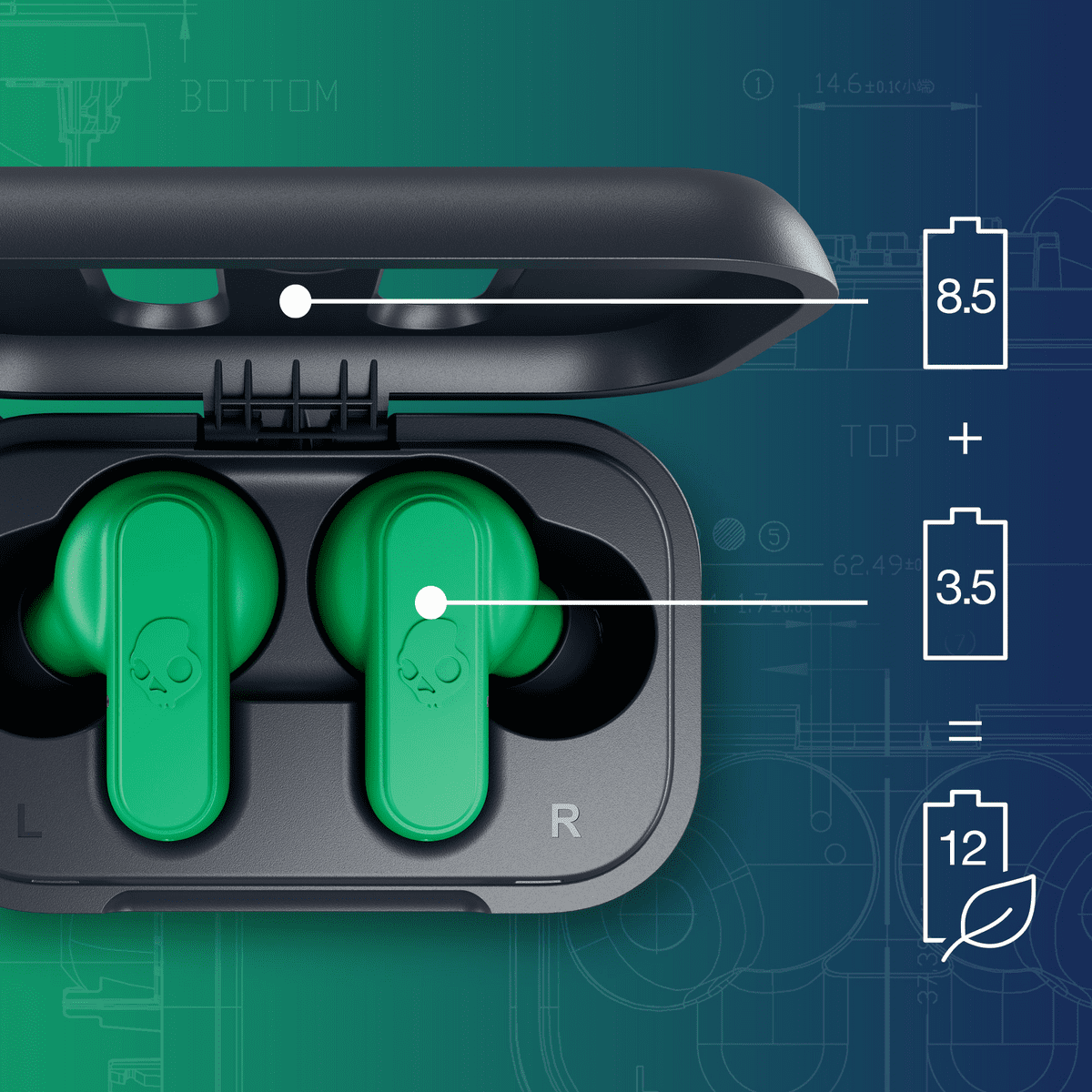 Skullcandy Dime XT 2 True Wireless In-Ear Earbuds, Blue/Green
