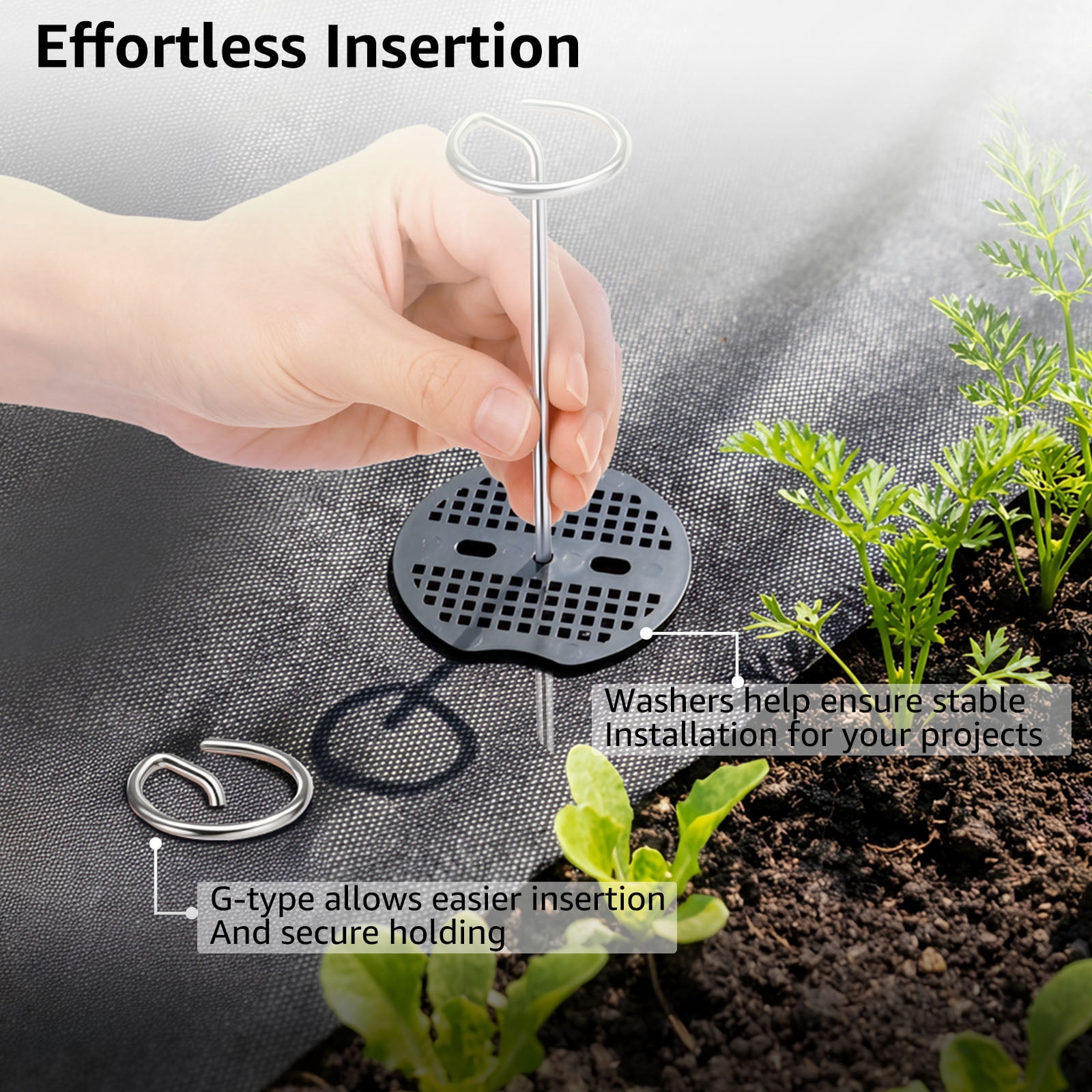 Austok 60PCS Circle Top Garden Stake Set 6"/8" G Shape Landscape Staple with 30 Washer and Puller Heavy Duty Ground Peg for Weed Barrier Tent and Landscaping