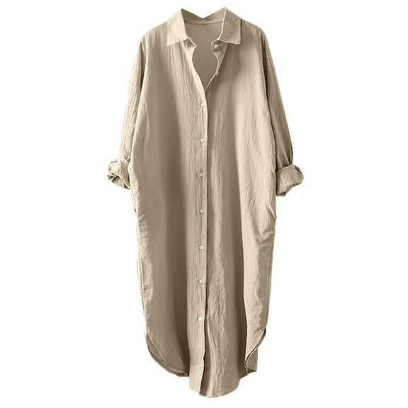IROINNID Womens Long Sleeve V-Neck Shirts Plus Size Home Loose Pullover Top Solid Color Shirt Sunscreen Coat,Beige