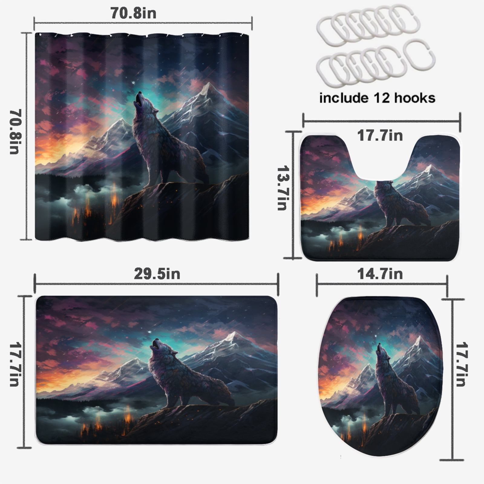 Galaxy Wolf Shower Curtain Set Fantasy Forest Wild Animal Howling Pine Tree with Toilet Lid Cover, Bath Mat, Shower Curtains for Bathroom Rug Set, 72x72 Inch