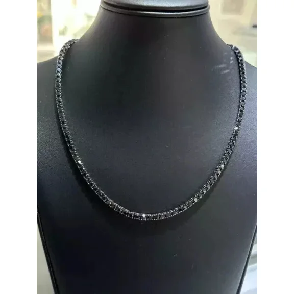 925 Sterling Silver 4MM 22CT Round Cut Simulated Black Diamond Engagement Women's Tennis Necklace 18" 14K Black Gold Plated