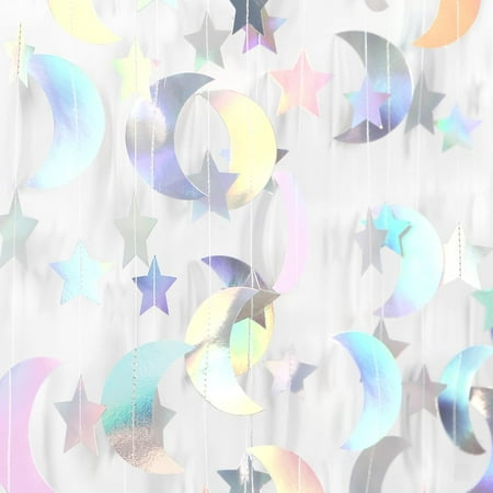 Iridescent DiscoHolographic PartyDecorations MoonStar Garland 62Ft Twinkle Little Star Hanging Neon Streamers Banner,Eid Ramadan Mubarak Decoration Birthday Wedding Baby Shower Decor