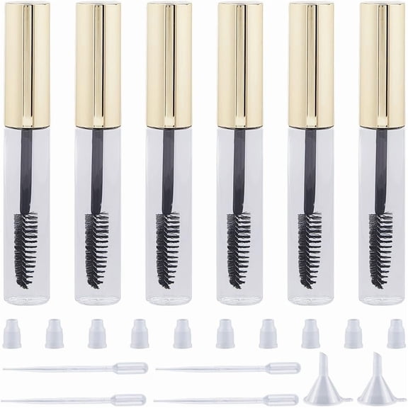 10Pcs 10ml Empty Mascara Tube Bottle Transparent Plastic Eyelash Wand Containers Bottles with Rubber Inserts 4Pcs 2ml Dropper 2Pcs Mini Funnel Hopper for Castor Oil DIY Cosmetics Kit Gold 1set
