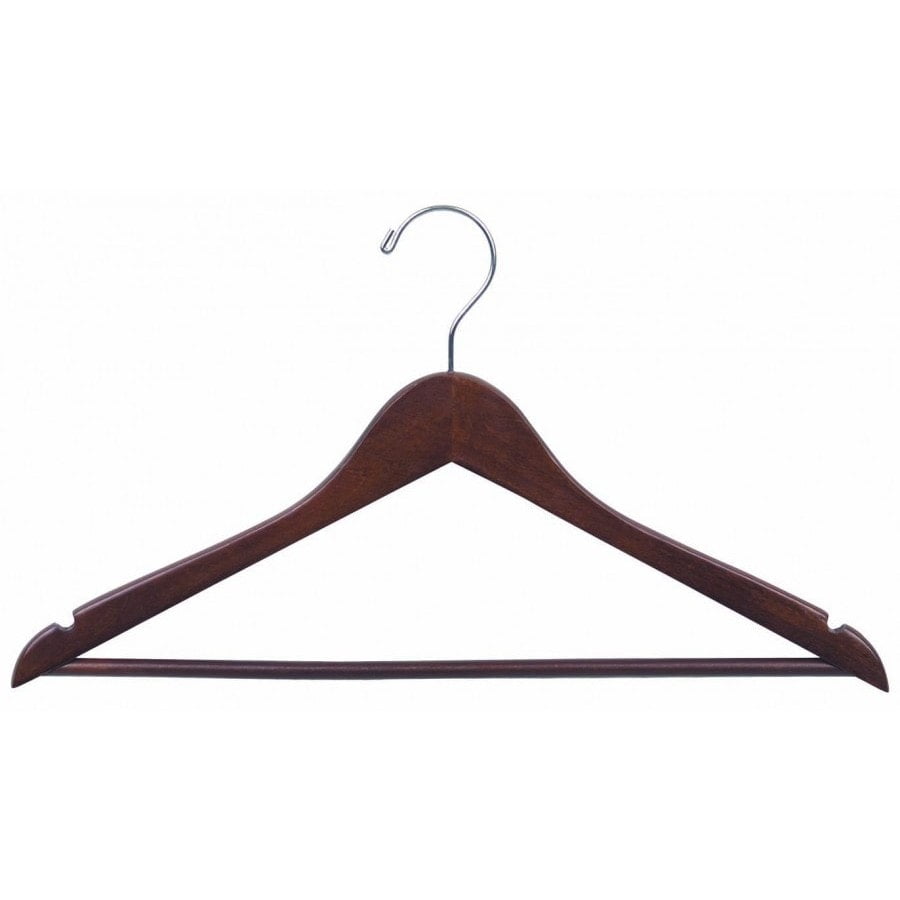 Wood Suit Hanger w/ Solid Wood Bar & Walnut Finish, Box of 25 Space Saving 17 Inch Flat Wooden Hangers w/ Chrome Swivel Hook & Notches for Shirt Dress or Pants by International Hanger