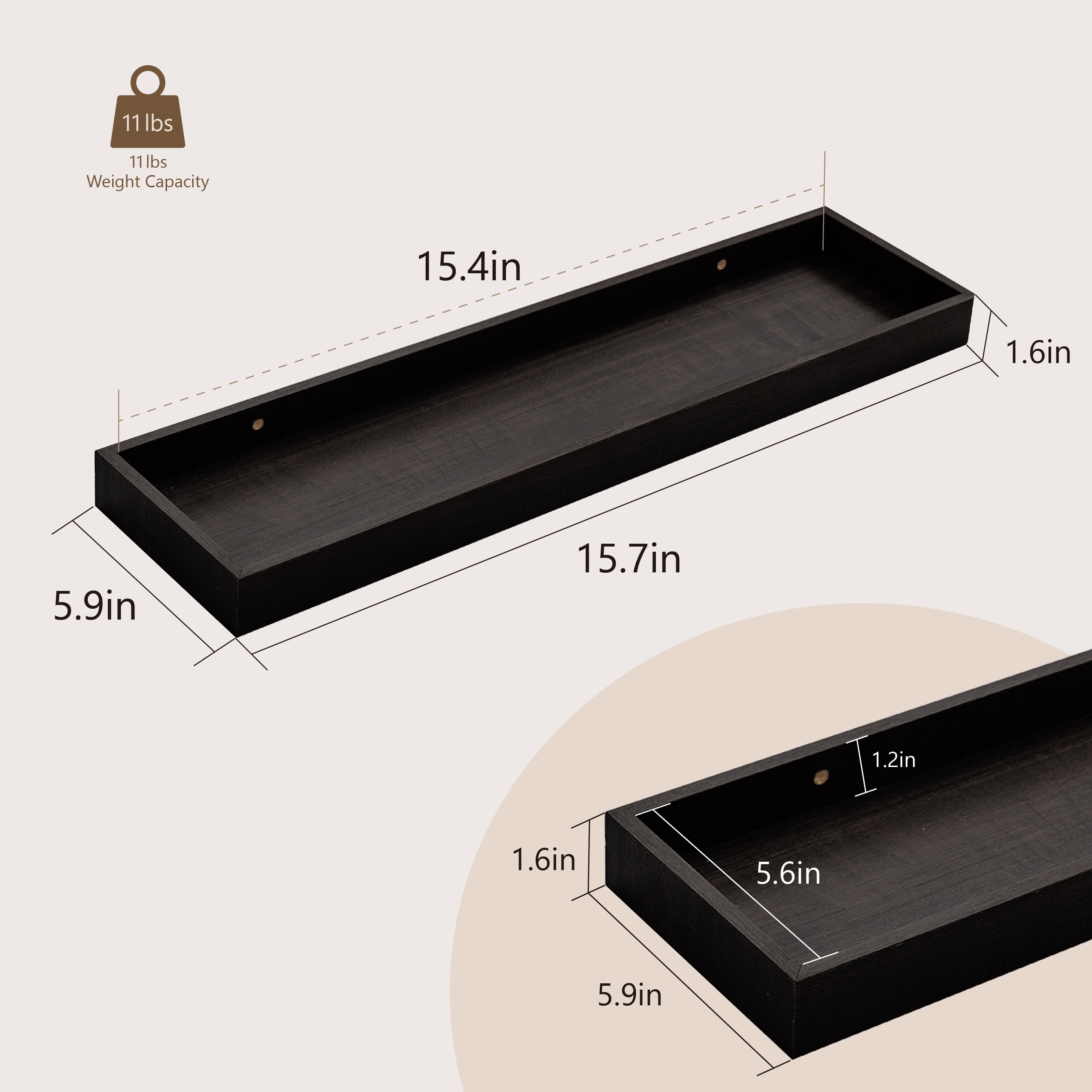 Mifurn 15.7" Floating Shelves for Wall, with Raised Lip, Set of 2, Black