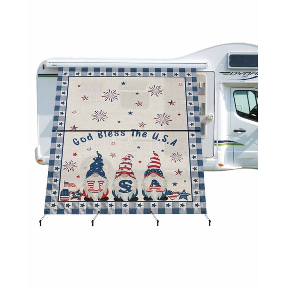 4th of July RV Awning Sun Shade Screen 9'X7' US Flag Stars Stripes Mesh Sunscreen Gnome Buffalo Check Awning Shade Screen with Zipper UV Blocker Completed Kits Outdoor Canopy for RV Motorhome Camper