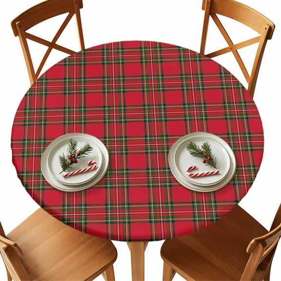 Round Tablecloth Red Green Plaid Christmas Elastic Edge Fitted Vintage Rustic Checkered Plastic Table Cover,Waterproof Oil Proof for Dinner,Outdoor, Picnic, 45"- 54" DIA Tables
