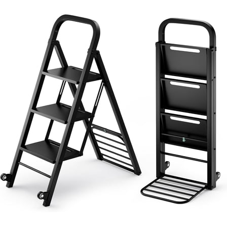 Hyxoo 2 in 1 Hand Truck, Folding Hand Truck Dolly with 2 Wheels & 3 Step Ladder, Heavy Duty Dolly Cart Step Stool for Warehouse, Garage, Home