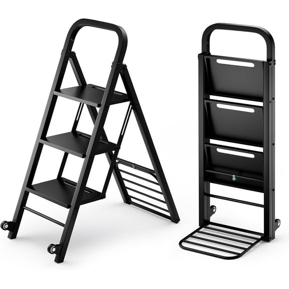 Hyxoo 2 in 1 Hand Truck, Folding Hand Truck Dolly with 2 Wheels & 3 Step Ladder, Heavy Duty Dolly Cart Step Stool for Warehouse, Garage, Home
