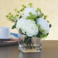thumbnail image 2 of Enova Home Artificial Flowers Mixed Silk Peony and Greenery Fake Flowers in Cube Glass Vase with Faux Water for Home Office Wedding Decoration (Cream), 2 of 3