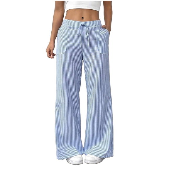 Womens Striped Cotton Linen Pants Low Rise Wide Leg Trendy Drawstring Elastic Waist Casual Trouser With Pockets