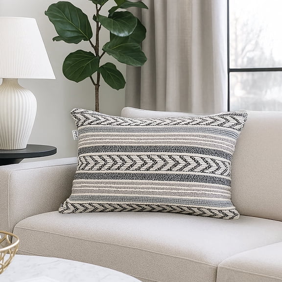 SPUN 14" x 24" 100% Cotton Hand-Woven Throw Pillow Cover, Abstract Multicolor Stripe Throw Pillow Cover for Couch Sofa Bed, Colmar Boho, Gray & Blue