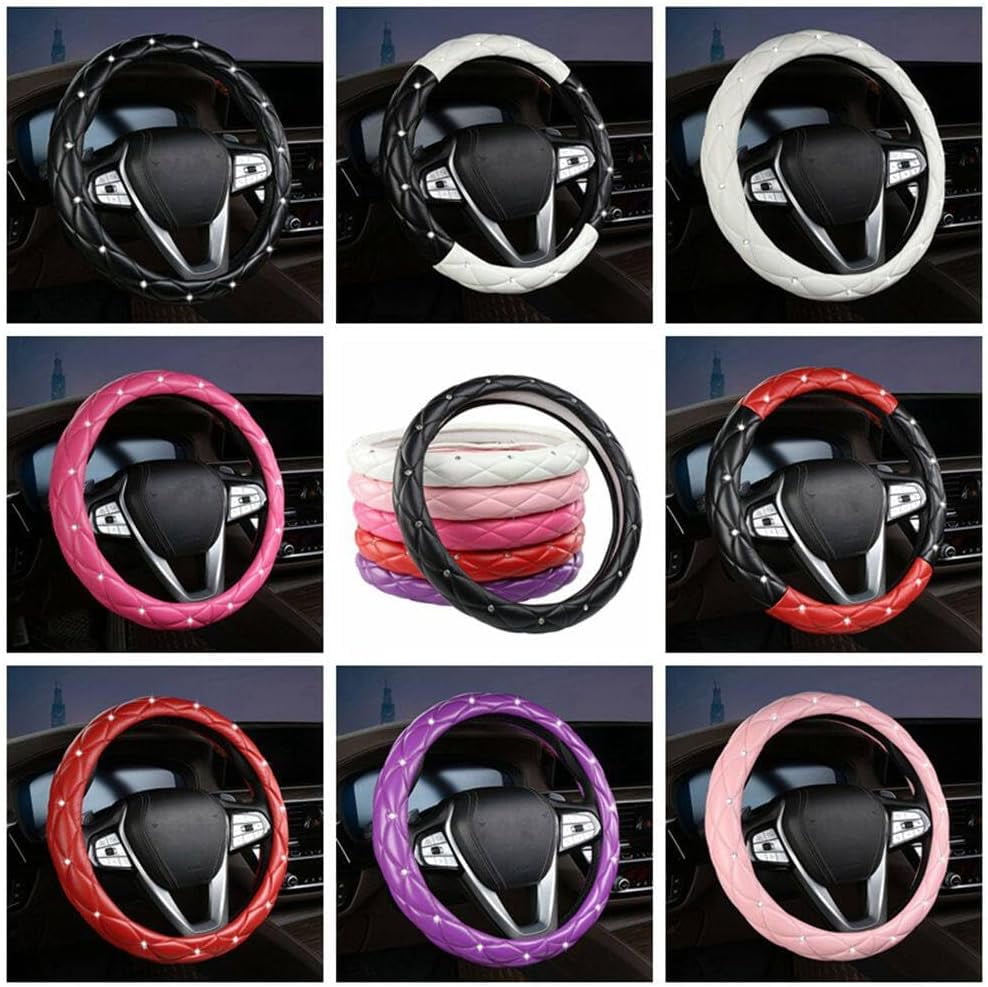 15 Inches Non-Slip Diamond Steering Wheel Cover Bling Bling PU Leather Universal Car Steering Wheel Cover for Women with Diamond Crystal Women Car Interior