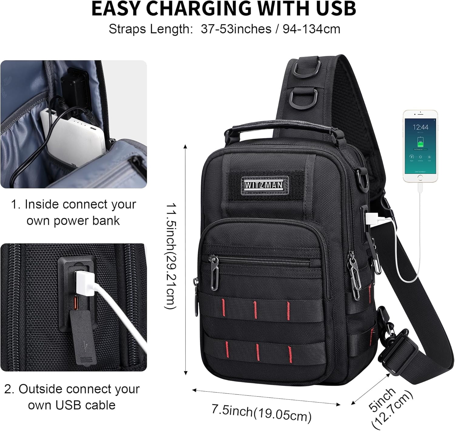 WITZMAN Sling Bag for Men Travel Crossbody Chest Bag with USB Charging Port for Casual Daily Work(B730 Black)
