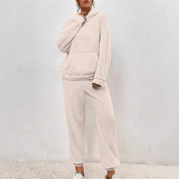 Mifsaly Pajama Sets for Women Fleece Warm Winter Pjs 2 Piece Soft Cozy Long Sleeve Hooded Sleepwear Fuzzy Loose Nightwear Thermal Casual Pants Plus Size Trendy Going Out Loungewear Homewear