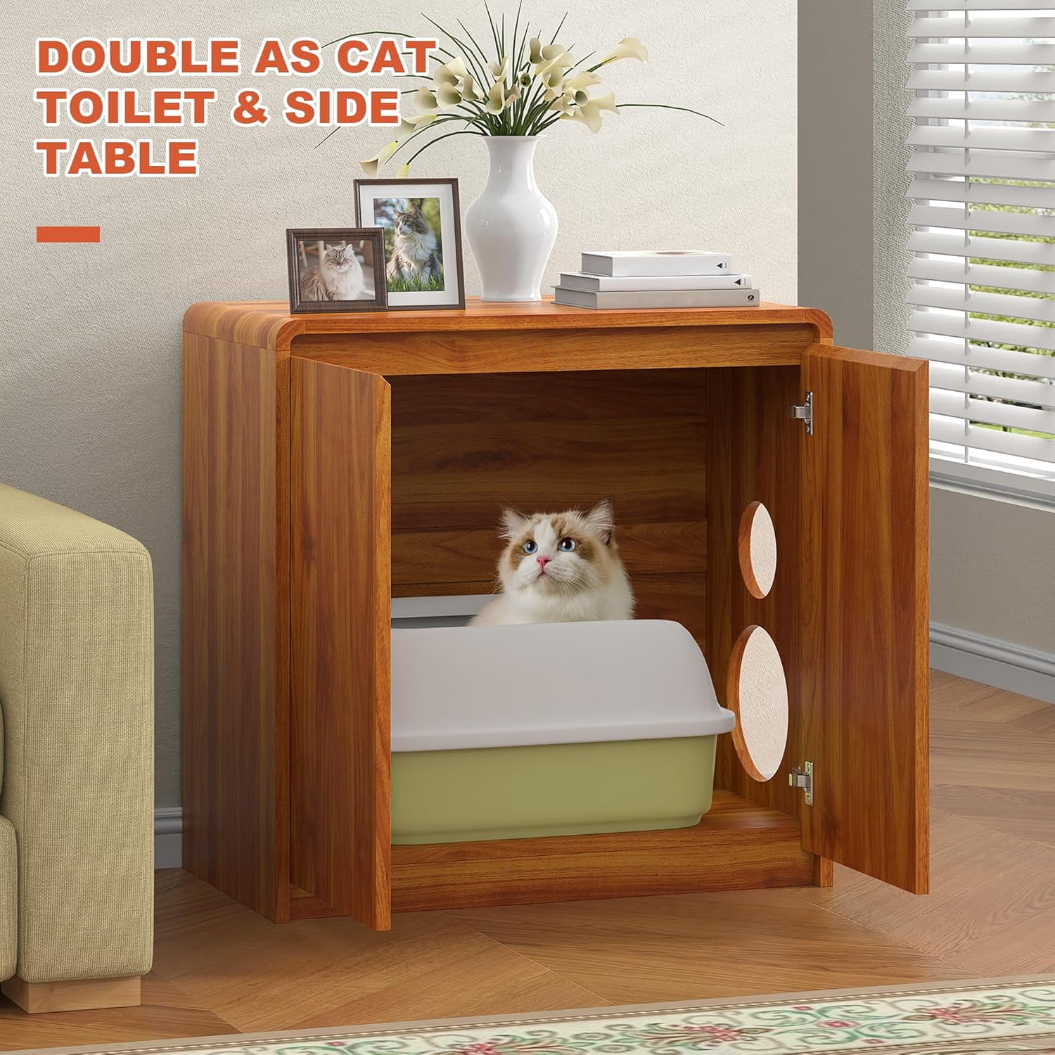 Winkalon Cat Litter Box Enclosure Furniture Wood Cat Hidden Washroom Farmhouse Storage Side Table Barn Door, Brown