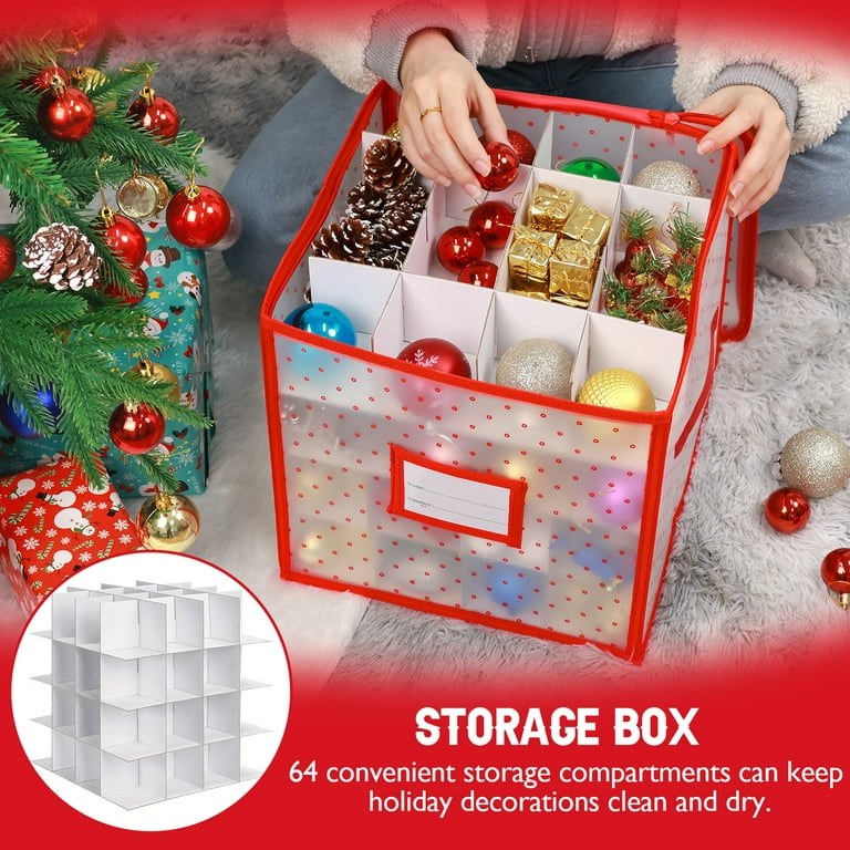 Ayieyill Christmas Ornament Storage Chest, Ornament Storage Box Ornament Organizer Holds 64 Balls w/ Dividers, Red,(L) 12''x (W) 12''x (H) 12
