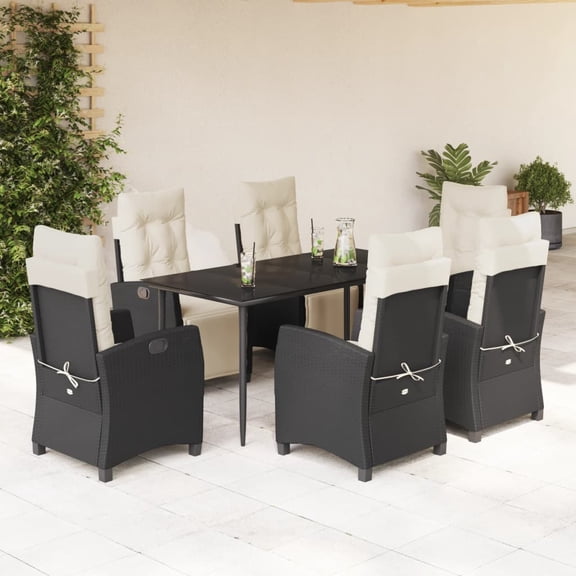 vidaXL 7 Piece Patio Dining Set with Cushions Black Poly Rattan