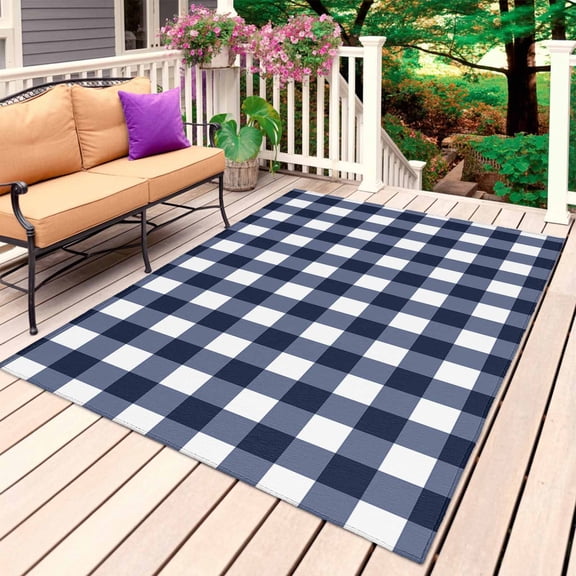 Navy Blue Check Outdoor Rug 4x6 Ft, Non Slip Washable Area Rug, Farmhouse Buffalo Plaid Blue Patio Rugs Carpet Runner, Large Floor Mat for Indoor/Outdoor Deck Porch Camping