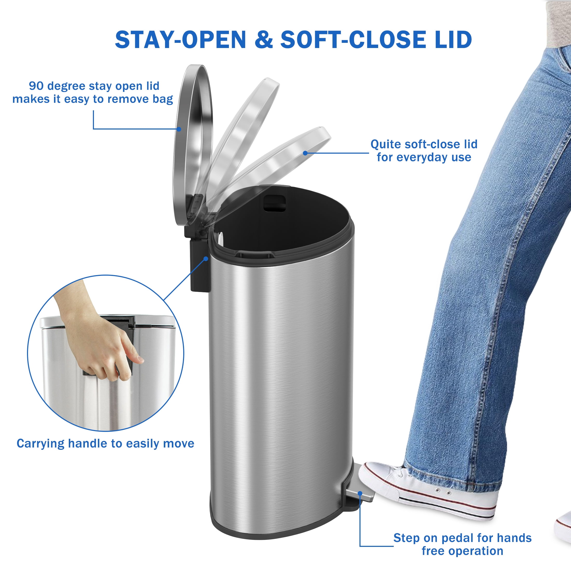 Better Homes & Gardens Kitchen Trash Can, 14.5 Gallon Stainless Steel Semi Round Step Garbage Bin with Soft Close Lid, Silver