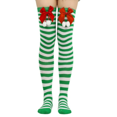 

ERTUTUYI Christmas Bow Hairball Thigh High Long Stockings Over Knee Socks Christmas Party Socks Knee High Long Striped Stocking Socks C