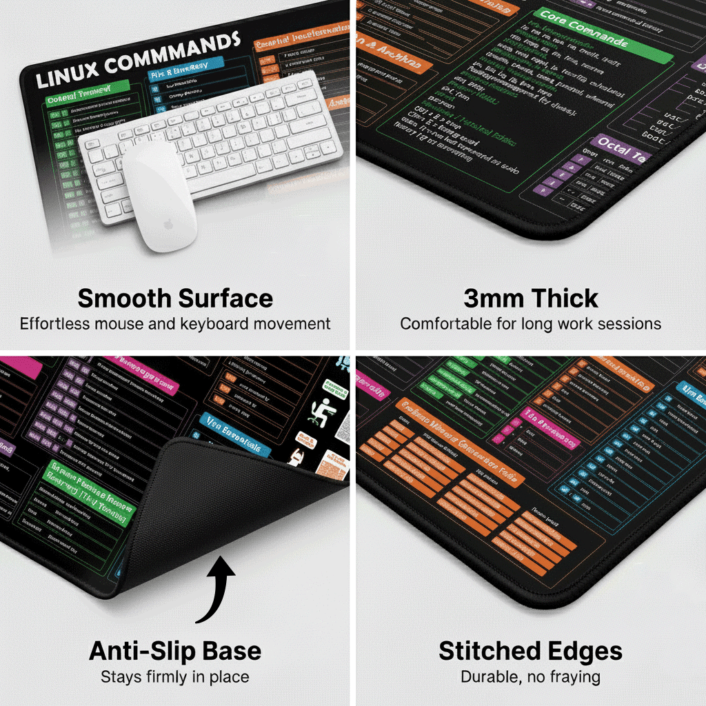 Linux Commands Cheat Sheet Desk Mat Extended Mouse Pad with Terminal Shortcuts Bash Commands Ubuntu/Arch/Fedora Git Vim - 12x22 in