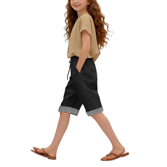 Tfken Toddler Girls Soft Pants Elastic Waist Stretchy Trousers Loose Pants With Pockets Fashion Lightweight Drawstring Teen Casual Daily Wear Clothes Size 5-6 Years Black