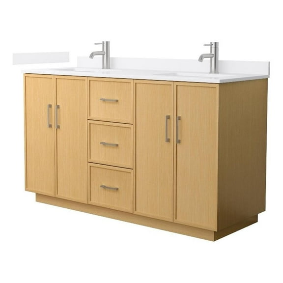 Elan TK 60" Light Oak Double Vanity White Quartz Top (1-Hole) & Nickel Trim