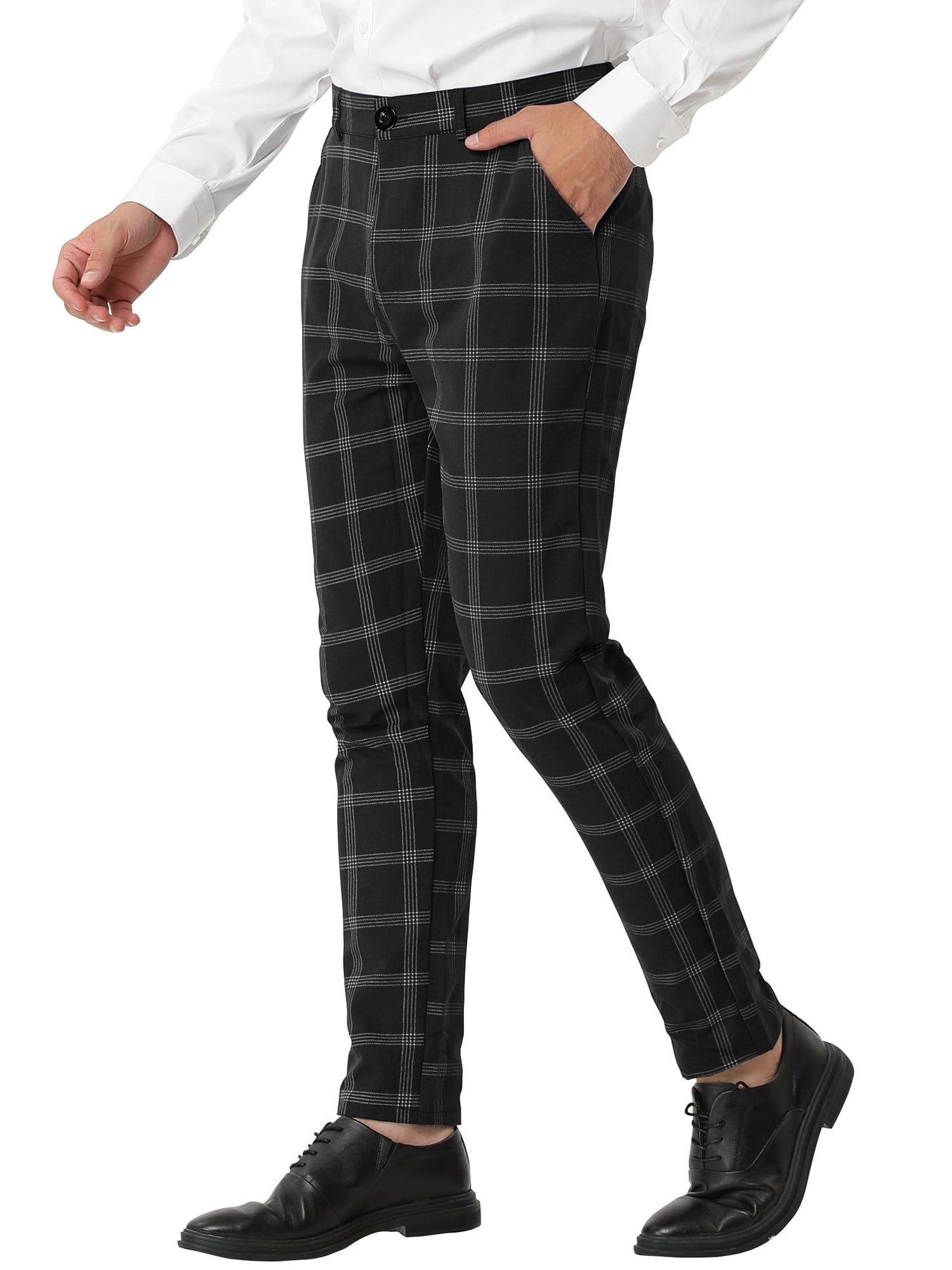 Unique Bargains Men's Plaid Pattern Slim Fit Flat Front Business Pants with Pockets 36 Black