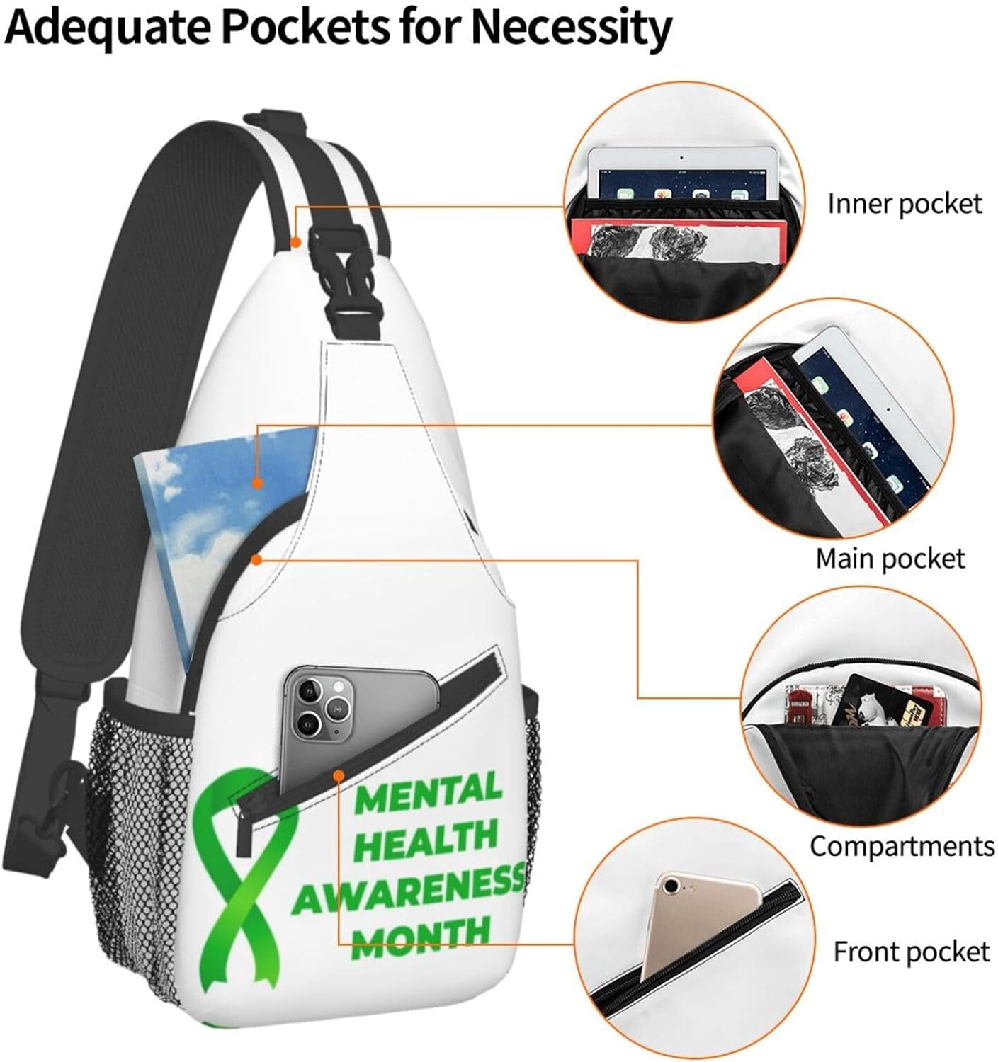 In July I Wear Green for Minority Mental Health Awareness Month Sling Bag Crossbody Hiking Travel Chest Bags Backpack Shoulder Daypack for Women Men