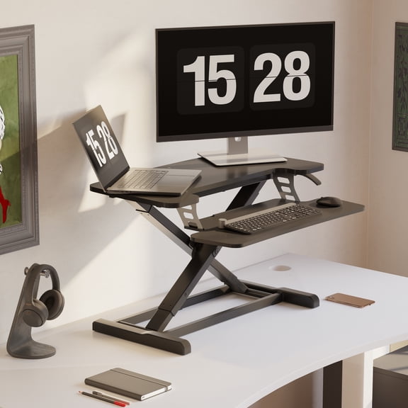 FitStand Home Office Height Adjustable Standing Desk Converter Black 32" U-Shape with Keyboard Tray