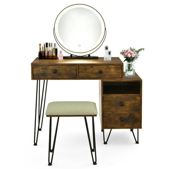 Giantex Makeup Vanity Set w/Lighted Mirror, Modern Dressing Table w/Storage Cabinet, Adjustable Brightness & Touch Screen for Bedroom, Brown