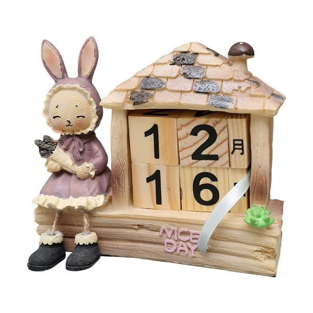 Bloques de calendario de escritorio de madera, calendario perpetuo para sala de estar, adorno de oficina Conejita