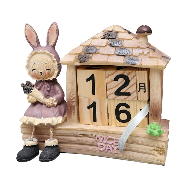 Calendario perpetuo de madera, bloques de calendario de escritorio, calendario de mesa, bricolaje, mes y fecha Conejita