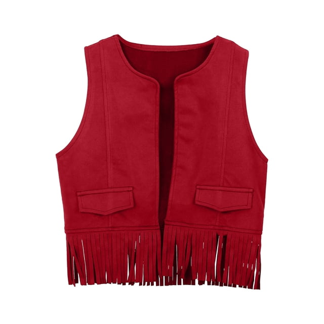 Gilet Western Cowboy pour Filles, Veste Rétro à Franges, Haut de Fête Rouge 7 Ans-8 Ans