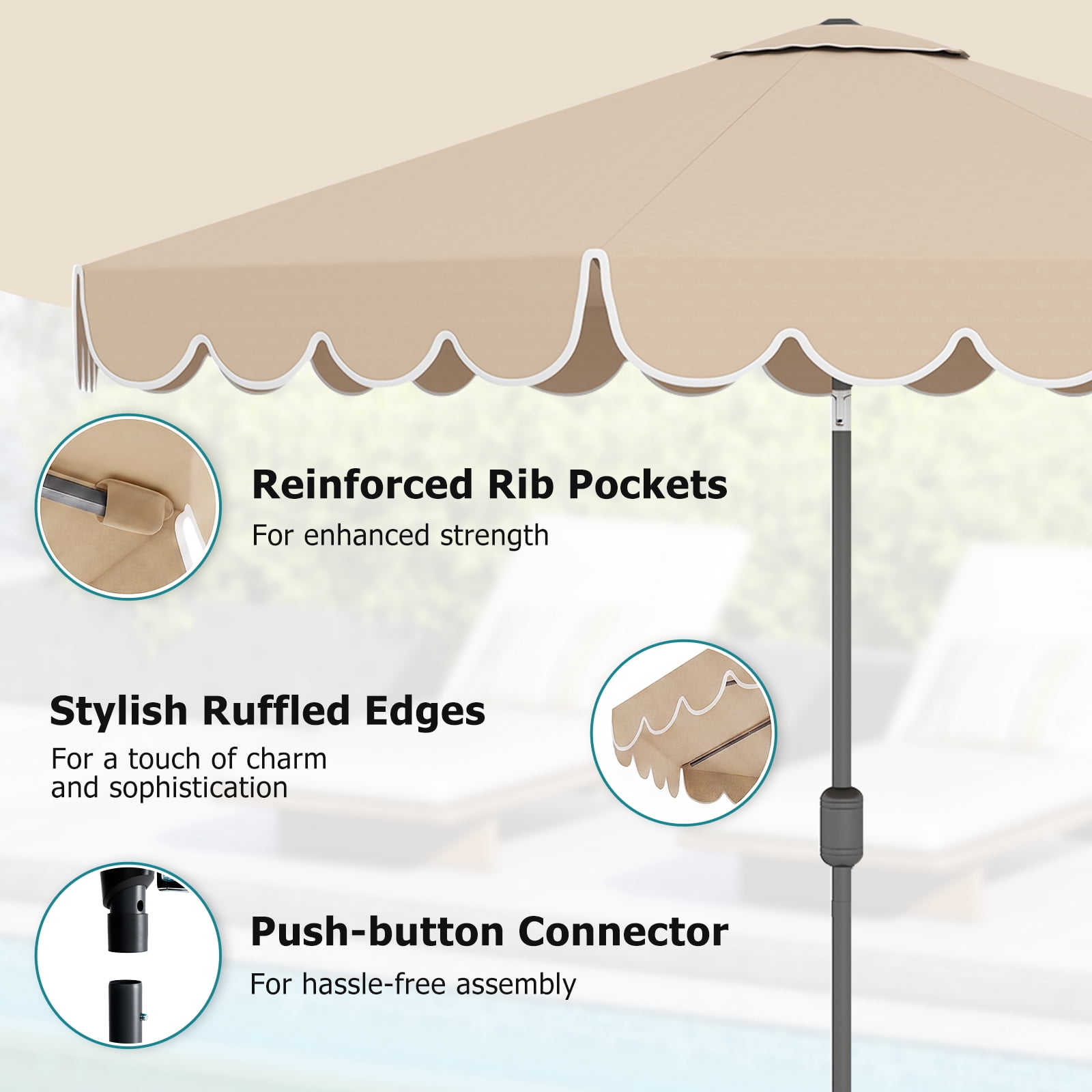 Costway 10 FT Patio Umbrella with Crank Tilt Adjustment Ruffles Vented Top 8 Ribs Beige
