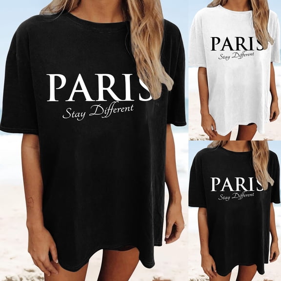 Trendfront Womens Oversize T Shirts Trendy Tee Pullover Streetwear Paris Letter Graphic Crewneck Drop Shoulder Short Sleeve Loose Fit Tops