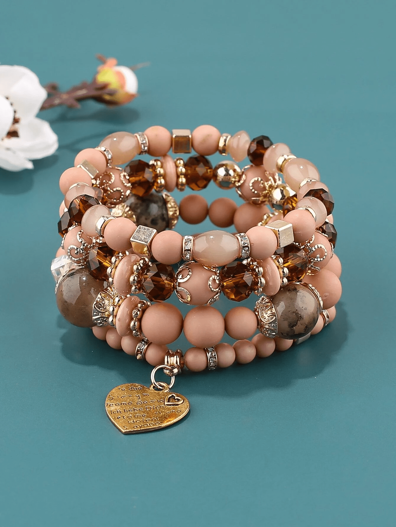 Gold & Pink Beaded Bracelet Set - 5 Pack | Icing US